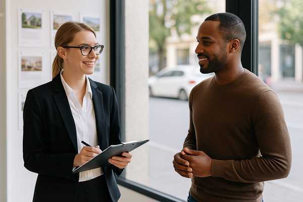 Un agent immobilier échange avec un client dans une agence en rez-de-chaussée, devant une vitrine affichant des annonces de biens. Ils sourient et discutent, illustrant une interaction professionnelle chaleureuse.