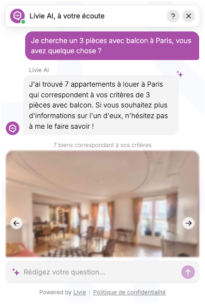 Chatbot Livie affichant une sélection de 7 appartements à louer à Paris correspondant à la recherche d’un 3 pièces avec balcon.