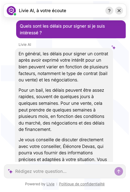 Chatbot Livie expliquant les délais pour signer un contrat immobilier, en fonction du type de contrat (bail ou vente) et des négociations.