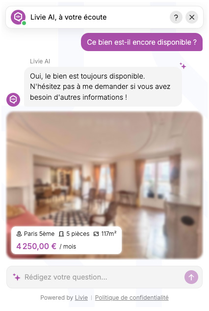 Chatbot Livie confirmant la disponibilité d’un appartement 5 pièces à Paris.
