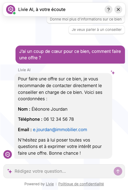 Chatbot Livie fournissant les coordonnées du conseiller en charge d’un bien immobilier pour permettre à un client de faire une offre.