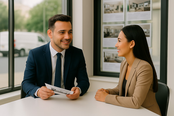 Un agent immobilier et une cliente échangent avec le sourire dans une agence, assis à une table près d’une vitrine affichant des annonces de biens.